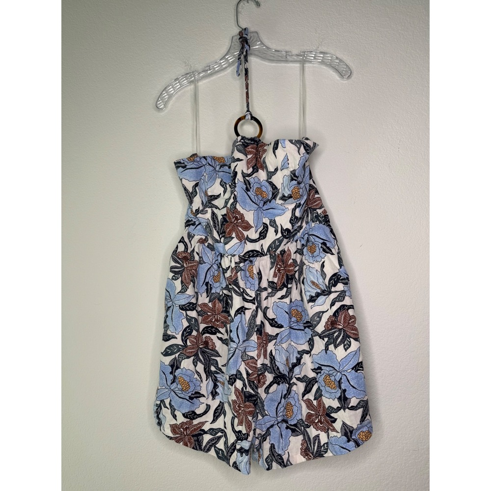 Old Navy Blue Floral Halter Neck Linen Blend Romper Womens Size L Tropical